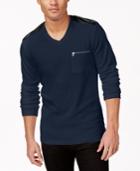 Inc International Concepts Faux Leather Men's V-neck Multi-media Long-sleeve Shirt, Only At Macy's