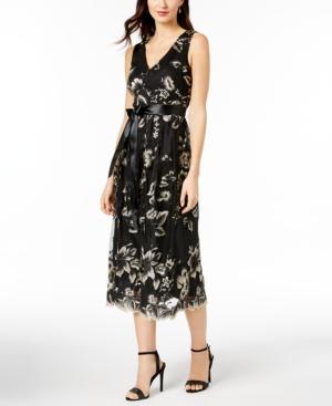 Sl Fashions Belted Embroidered Mesh Midi Dress