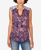 Lucky Brand Printed Lattice-detail Top