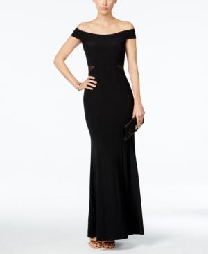 Xscape Off-the-shoulder Mesh-inset Trumpet Gown