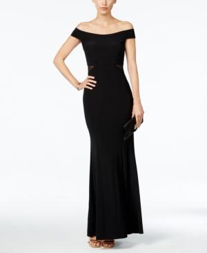 Xscape Off-the-shoulder Mesh-inset Trumpet Gown