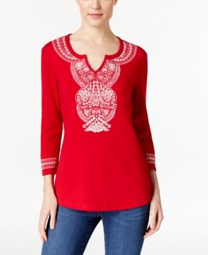 Karen Scott Floral-print Split-neck Top, Only At Macy's