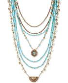 Lucky Brand Gold-tone And Blue Stone Multi-layer Statement Necklace
