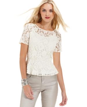 Dkny Jeans Top  Short Sleeve Lace Peplum