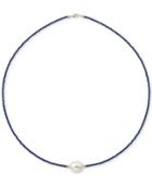 Lapis Lazuli (2mm) & Cultured Freshwater Pearl (10mm) 18 Collar Necklace In 14k Gold