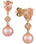 Le Vian Peach Morganite (1-1/2 Ct. T.w.), Pink Cultured Freshwater Pearl (9mm), And Diamond Accent Drop Earrings In 14k Rose Gold