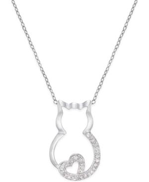 Diamond Kitten And Heart Pendant Necklace (1/10 Ct. T.w.) In Sterling Silver