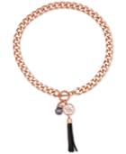 Guess Rose Gold-tone Crystal, Gray Imitation Pearl And Imitation Suede Tassel Pendant Necklace
