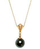 Belle De Mer 14k Gold Tahitian Pearl (8mm) And Diamond Accent Pendant Necklace