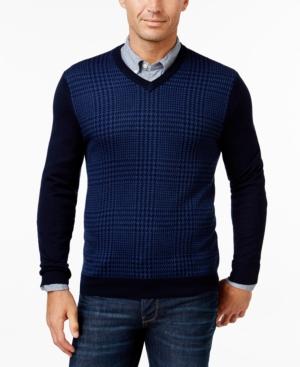 Club Room Men's Big And Tall Merino Wool Houndstooth V-neck Sweater, Only At Macy's