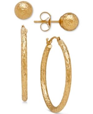 2-pc. Set Textured Stud And Hoop Earrings In 14k Gold