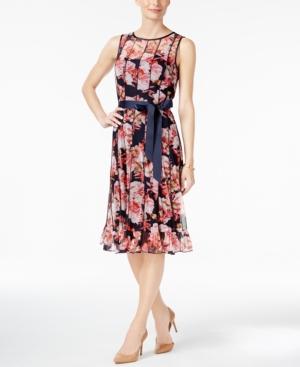 Jessica Howard Pintucked Floral-print Sash Dress