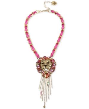 Betsey Johnson Gold-tone Crystal Lion Fringe Pendant Necklace, 16 + 3 Extender