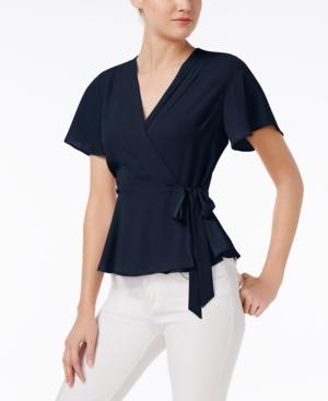 Monteau Petite Pleated Faux-wrap Top