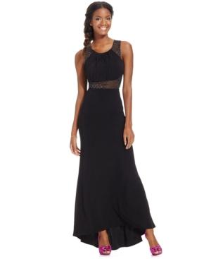 Morgan & Company Juniors' Beaded Illusion Pleated High-low Gown