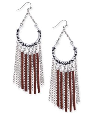 Silver-tone Brown Suede And Chain Fringe Drop Earrings