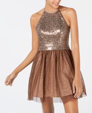 Blondie Nites Juniors' Tie-neck Sequin Fit & Flare Dress