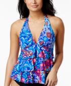 Swim Solutions Bali Floral-print Tiered Halter Tankini Top Women's Swimsuit