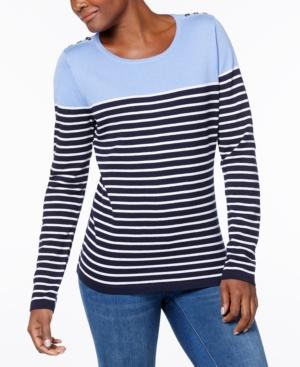 Karen Scott Button-shoulder Striped Sweater, Created For Macy's