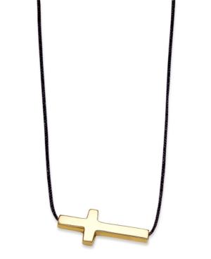 10k Gold Necklace, Black Sideways Cross Pendant On Black Nylon Cord