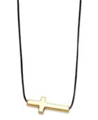 10k Gold Necklace, Black Sideways Cross Pendant On Black Nylon Cord