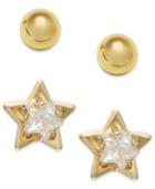10k Gold Earrings Set, Cubic Zirconia Accent Star And Ball Stud Earrings