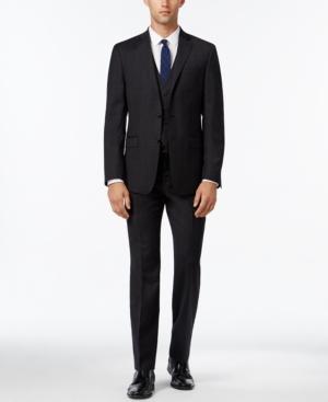 Calvin Klein Men's Extra Slim-fit Charcoal Plaid Vested Suit