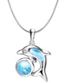 Marahlago Larimar & White Topaz Accent Dolphin & Ball 21 Pendant Necklace In Sterling Silver