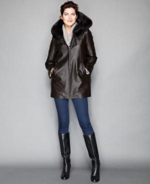 The Fur Vault Fox-trim & Rabbit-fur-lining Hooded Leather Coat