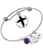 Unwritten Faith Charm And Amethyst (8mm) Bangle Bracelet In Stainless Steel