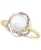 Effy Cultured Freshwater Pearl (8mm) And Diamond Accent Tri-tone Knot Ring In 14k Yellow, Rose And White Gold
