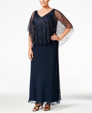 J Kara Plus Size Beaded V-neck Capelet Gown