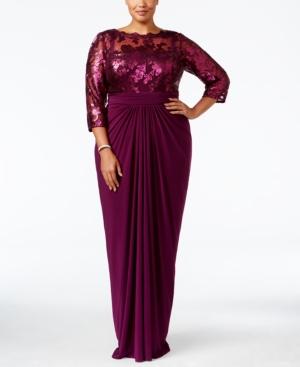 Adrianna Pappell Plus Size Sequin Illusion Draped Gown
