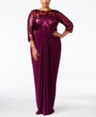 Adrianna Pappell Plus Size Sequin Illusion Draped Gown