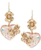 Betsey Johnson Gold-tone Multi-stone Floral Heart Drop Earrings