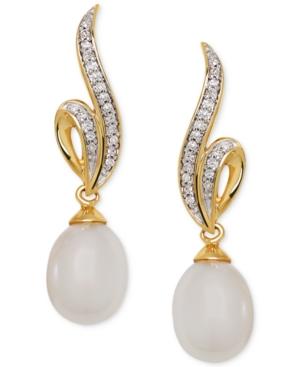 Freshwater Pearl (7mm) And Diamond (1/10 Ct. T.w.) Drop Earrings In 14k Gold