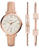 Fossil Women's Jacqueline Light Brown Leather Strap Watch 36mm & 2 Bracelets Box Set Es3870set