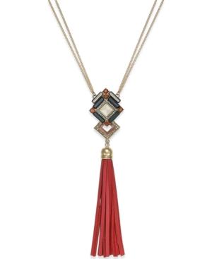 Ali Khan Gold-tone Red Leather Tassel Pendant Necklace