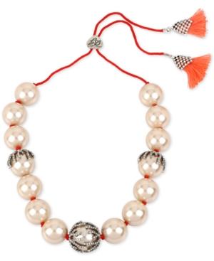 Betsey Johnson Silver-tone Imitation Pearl And Pave Seaweed Tassel Slider Statement Necklace