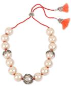 Betsey Johnson Silver-tone Imitation Pearl And Pave Seaweed Tassel Slider Statement Necklace