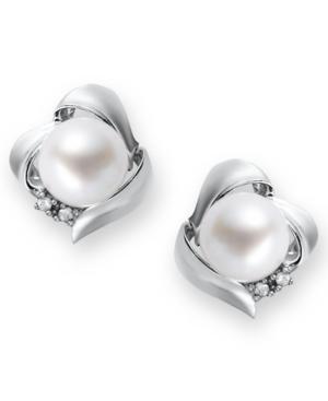 Sterling Silver Earrings, Cultured Fresh Water Pearl (7mm) And Diamond Accent Knot Earrings