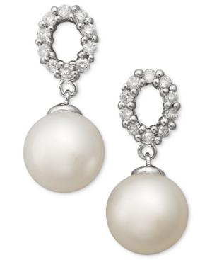 Belle De Mer 14k White Gold Earrings, Cultured Freshwater Pearl (9mm) And Diamond (3/8 Ct. T.w.) Oval Earrings
