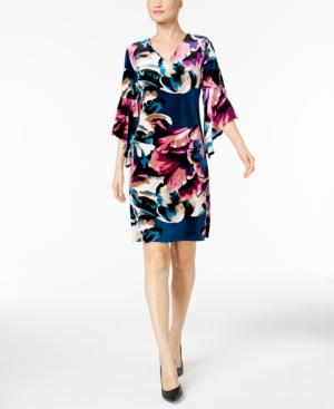 Ny Collection Printed Asymmetrical-sleeve Dress