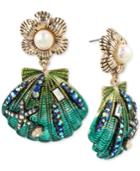 Betsey Johnson Gold-tone Crystal & Imitation Pearl Seashell Drop Earrings