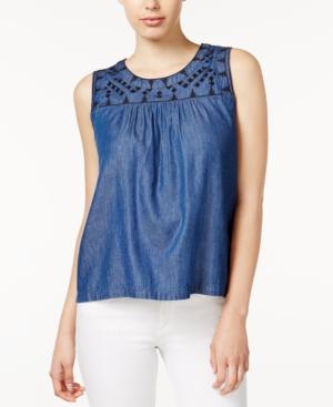 Maison Jules Embroidered Chambray Top, Only At Macy's