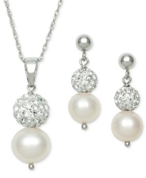 2-pc. Set Cultured Freshwater Pearl (6mm) And Crystal Bead Pendant Necklace And Earring Set In Sterling Silver