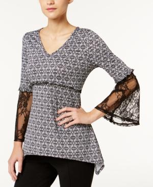 Ny Collection Printed Lace-sleeve Top