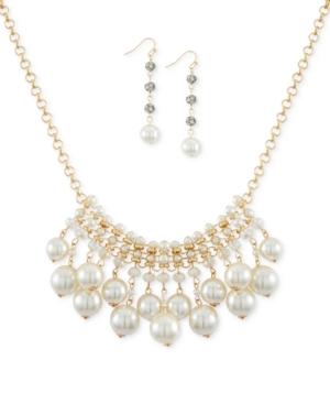 Say Yes To The Prom Gold-tone Crystal And Imitation Pearl Statement Necklace & Drop Earrings