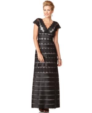 Js Collections Dress, Cap Sleeve V-neck Lace Evening Gown