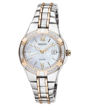 Seiko Watch, Women's Solar Diamond Accent Two Tone Stainless Steel Bracelet 27mm Sut068
